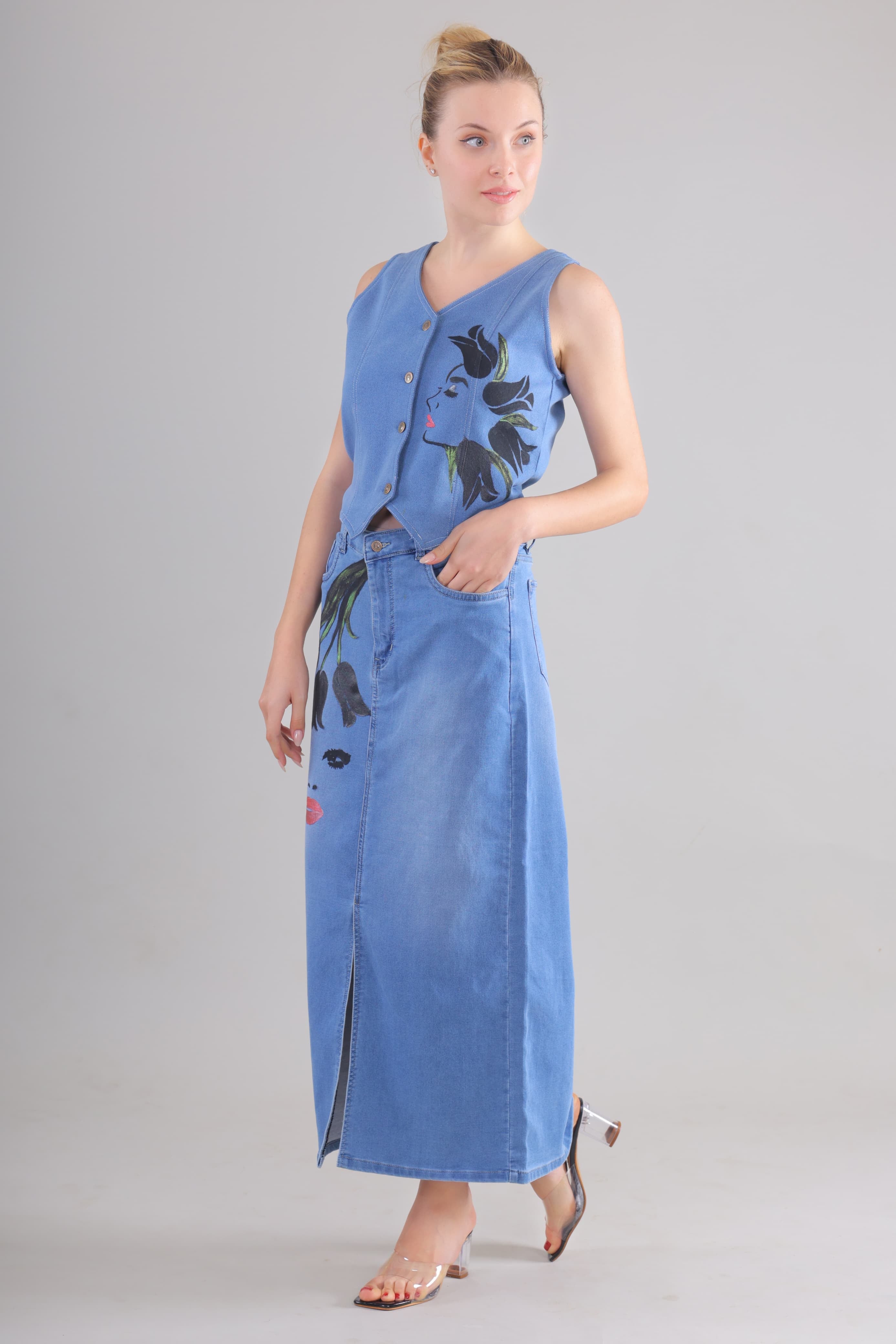 Gotamoda denim co ord set women featuring sleeveless button-up top and long skirt with artistic floral prints