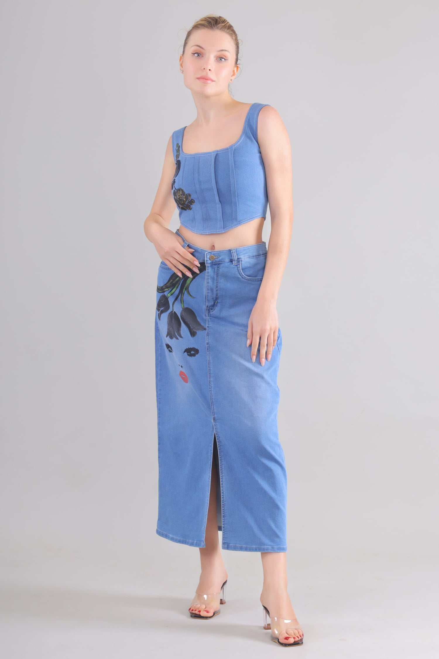 Gotamoda denim corset co-ord set featuring a sleeveless crop top and high-waisted skirt with front slit