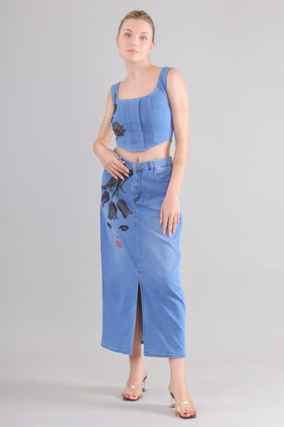 Gotamoda denim corset co-ord set featuring a sleeveless crop top and high-waisted skirt with front slit