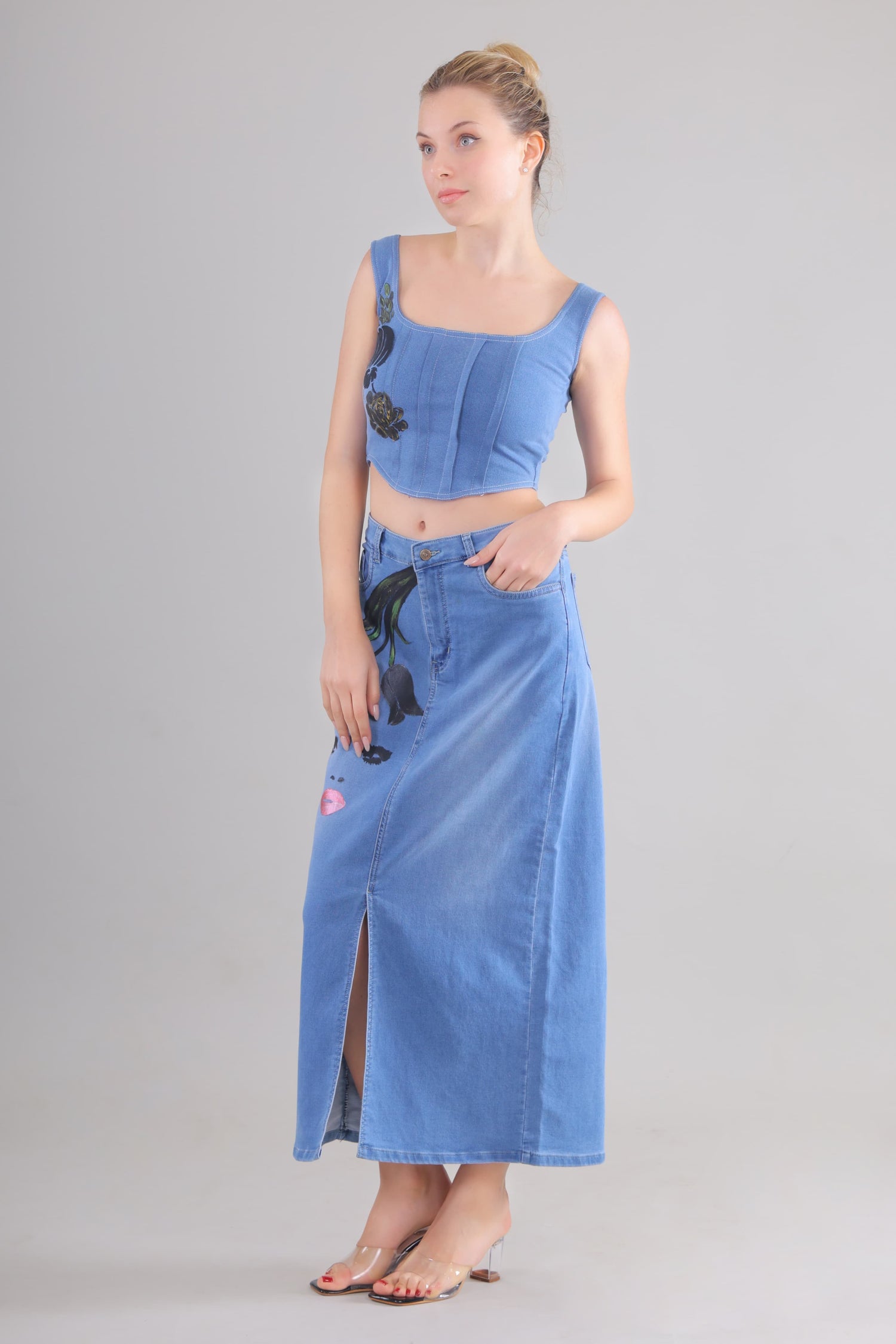Gotamoda denim corset co-ord set featuring a sleeveless crop top and matching high-waisted long skirt with front slit