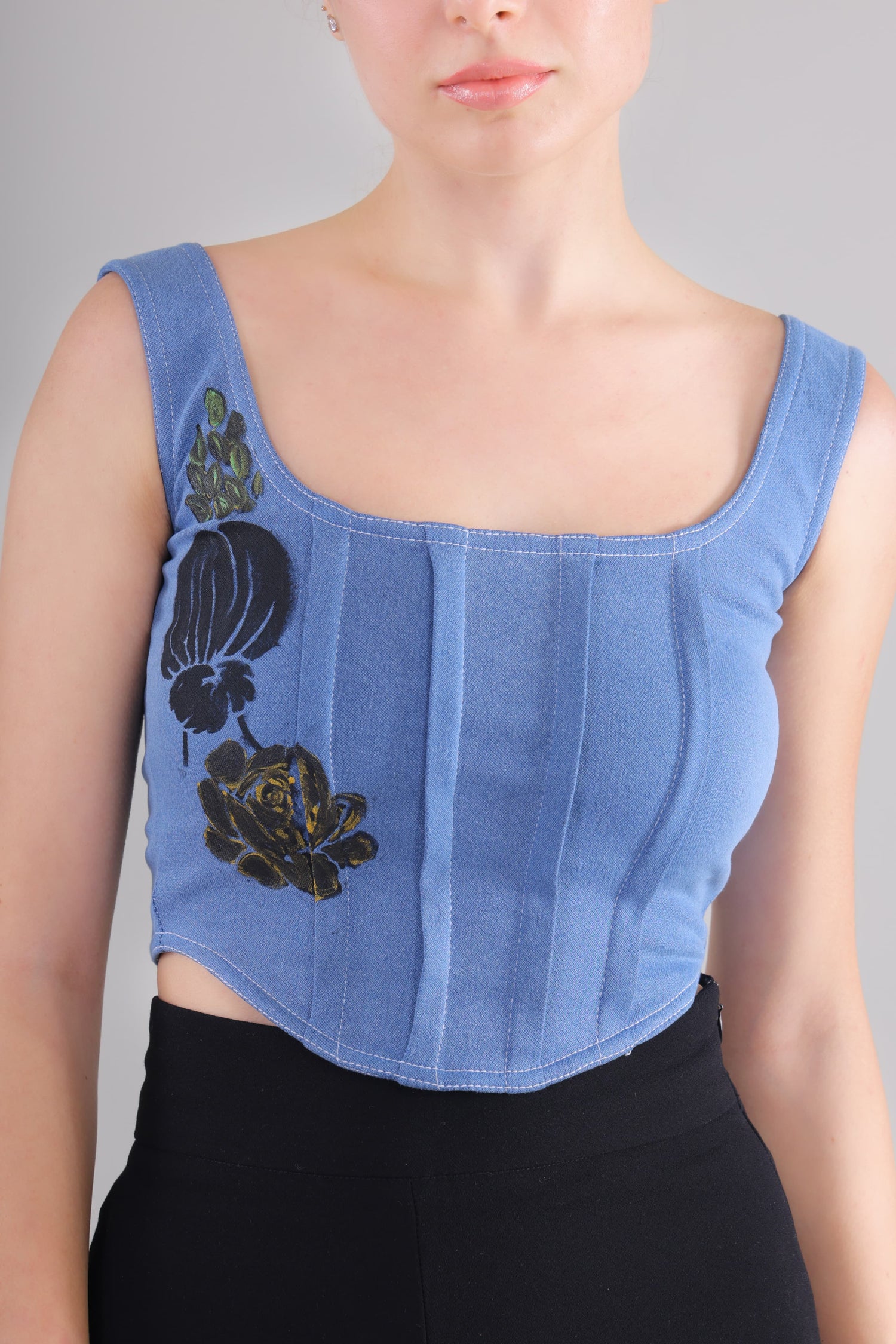 Gotamoda Denim Corset Top in blue with floral embroidery and square neckline