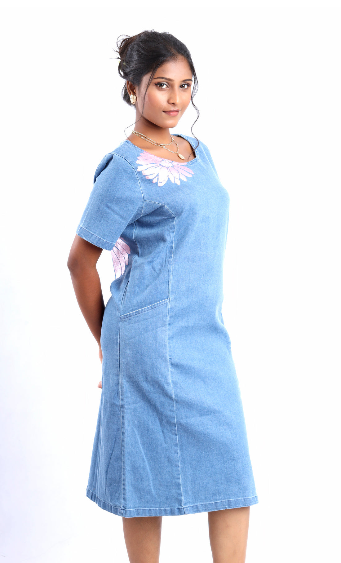 Gotamoda blue denim midi dress with floral embroidery on shoulder and side pocket