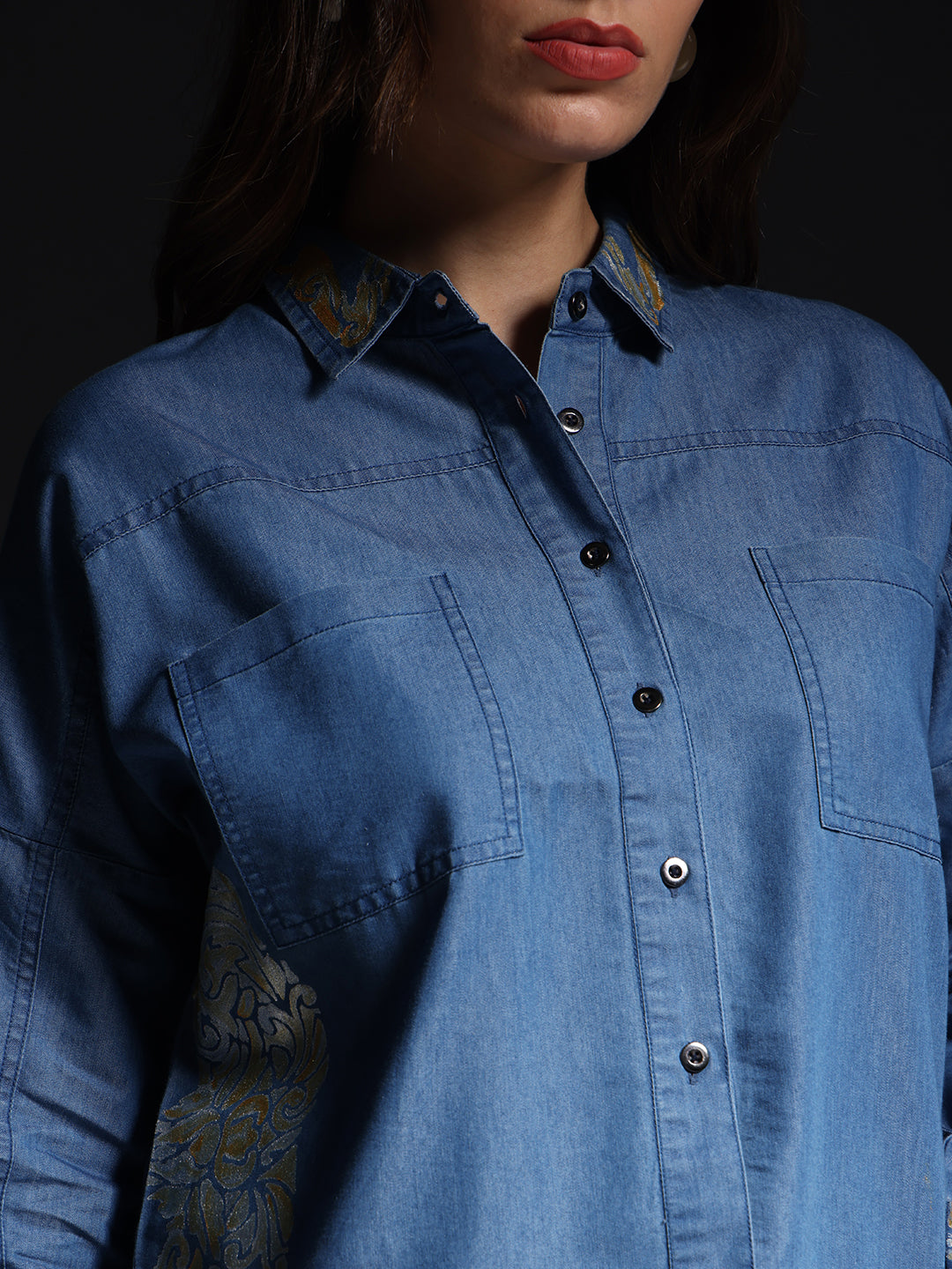 Gotamoda denim shirt with white jeans featuring button-down front and patch pockets