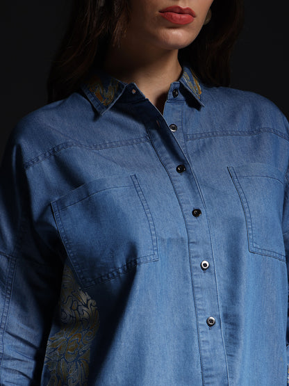 Gotamoda denim shirt with white jeans featuring button-down front and patch pockets