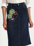 Gotamoda dark blue denim skirt with floral face embroidery and front button closure