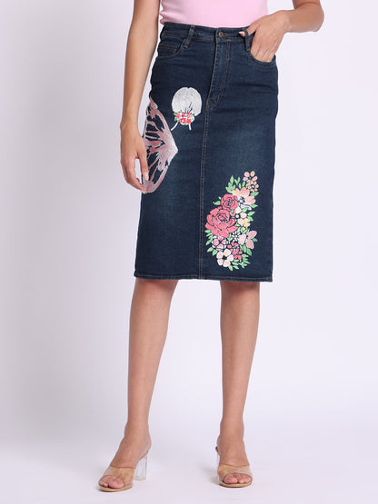 Gotamoda dark blue Denim Skirt with floral and butterfly embroidery knee-length style