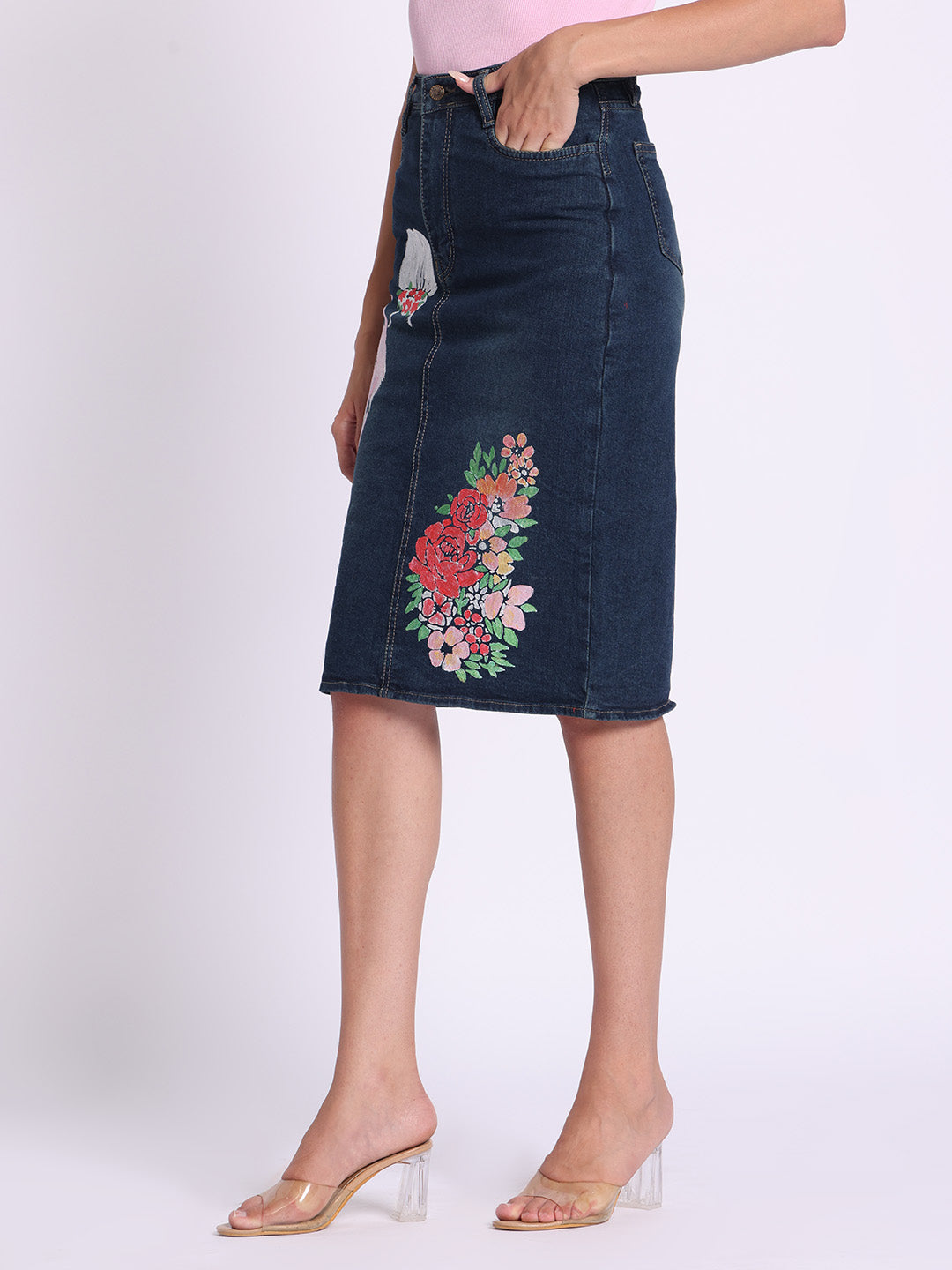 Gotamoda dark blue denim skirt with floral embroidery and knee-length fit