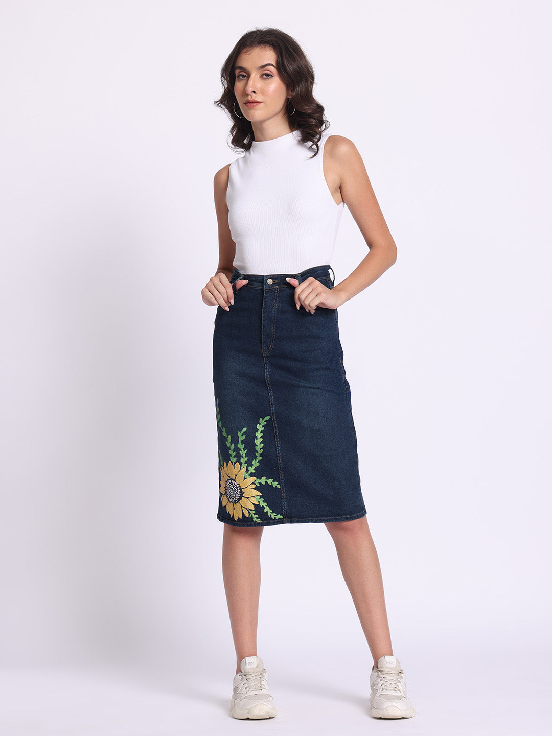 Sunflower Bloom Denim Skirt Midi Length with Floral | gotamoda