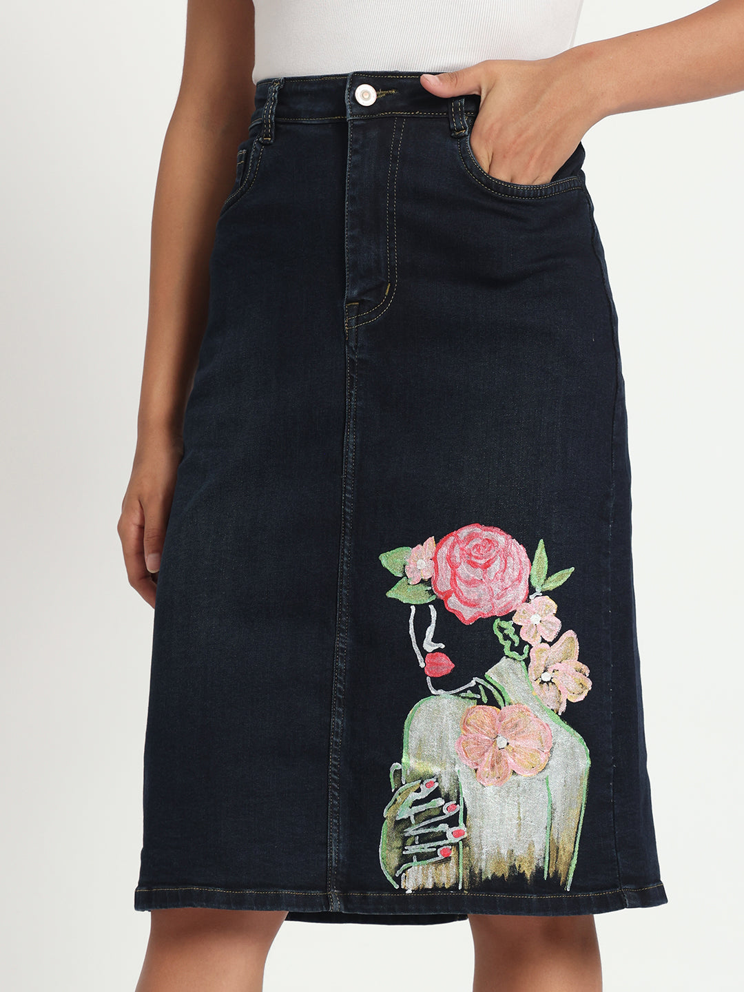 Gotamoda hand-painted denim skirt with detailed floral and female face artwork on dark blue fabric