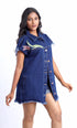 Gotamoda sleeveless denim jacket with floral embroidery and frayed edges on a female model