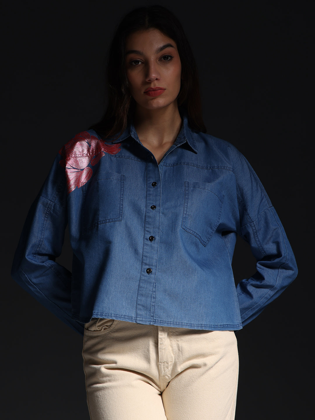 Gotamoda top jeans shirt in blue denim with long sleeves and front buttons