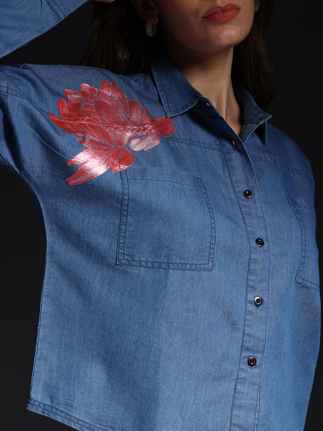 Gotamoda blue denim top jeans shirt with red floral print and front pockets