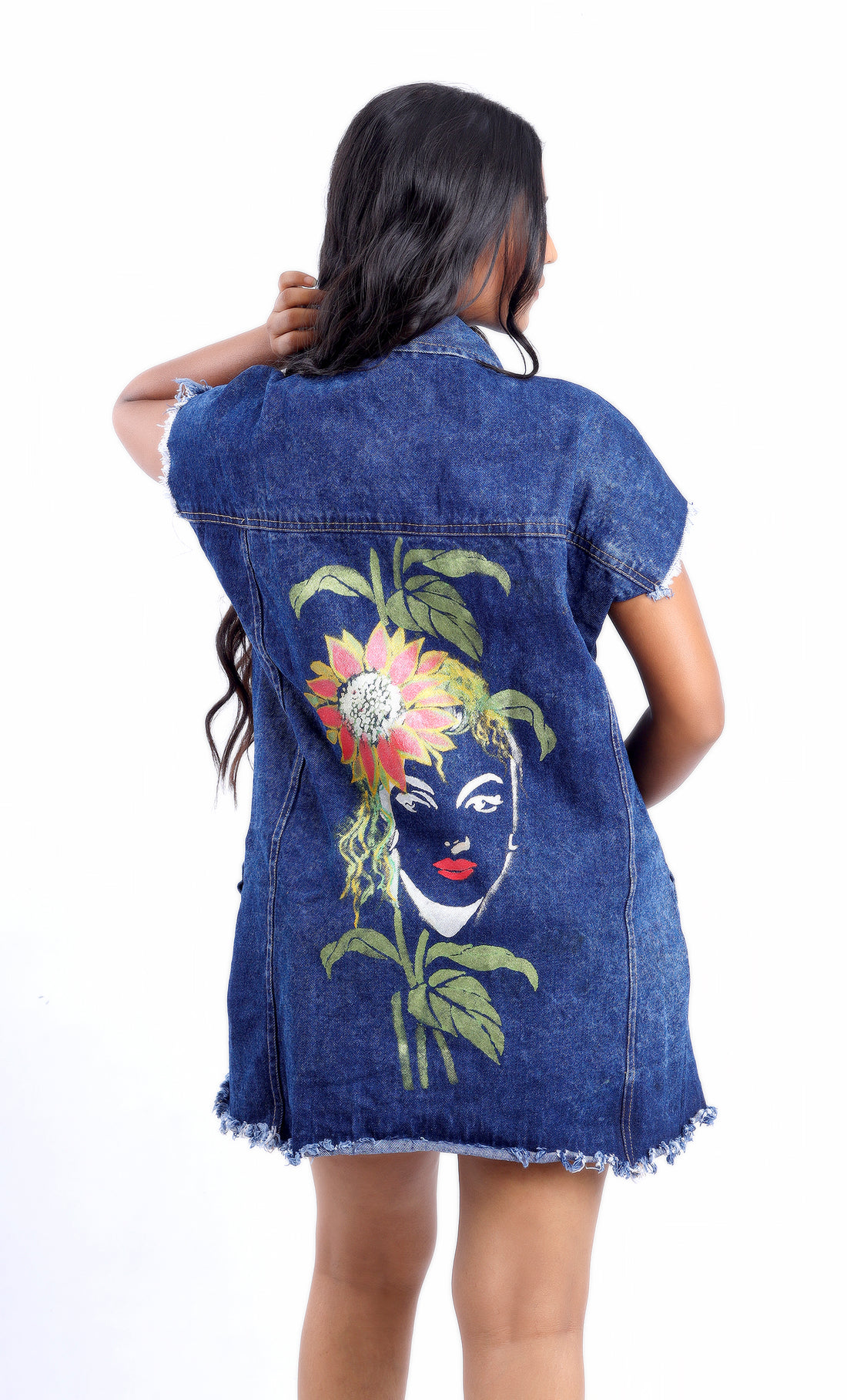 Gotamoda sleeveless denim jacket with artistic floral and face design on the back and frayed edges
