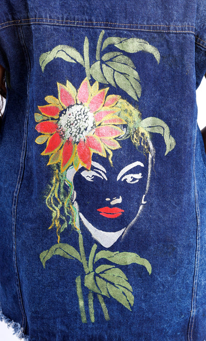Gotamoda sleeveless denim jacket with vibrant floral and woman face painting on back