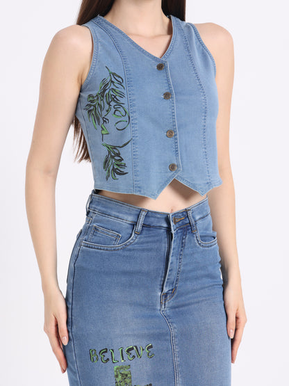 Gotamoda hand-painted denim co-ord set featuring a cropped top and high-waisted skirt with unique designs