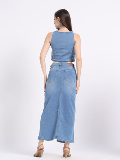 Back view of a hand-painted denim co-ord set featuring a crop top and maxi skirt by gotamoda