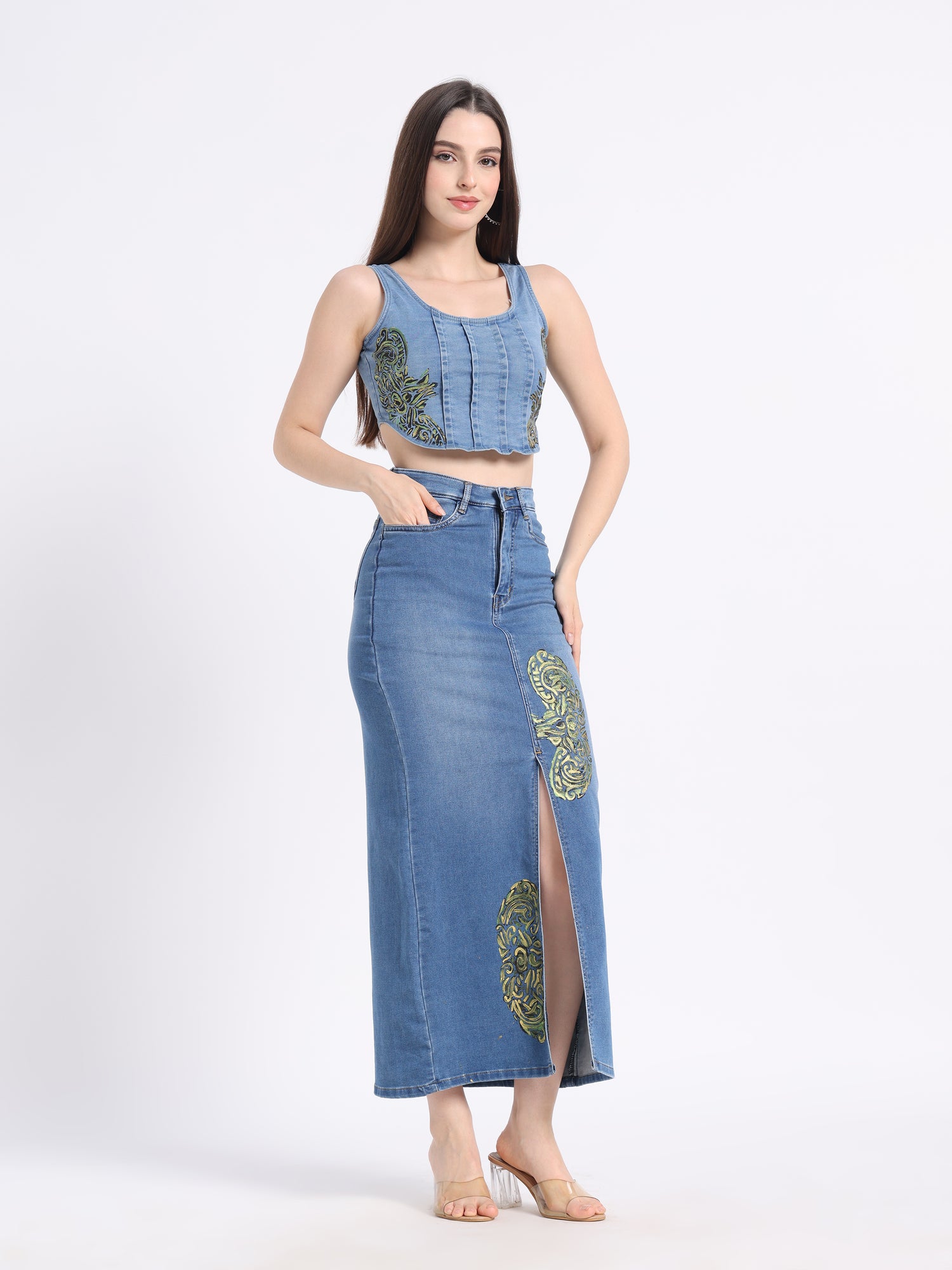 Gotamoda hand-painted denim co-ord set featuring a cropped top and long skirt with floral designs