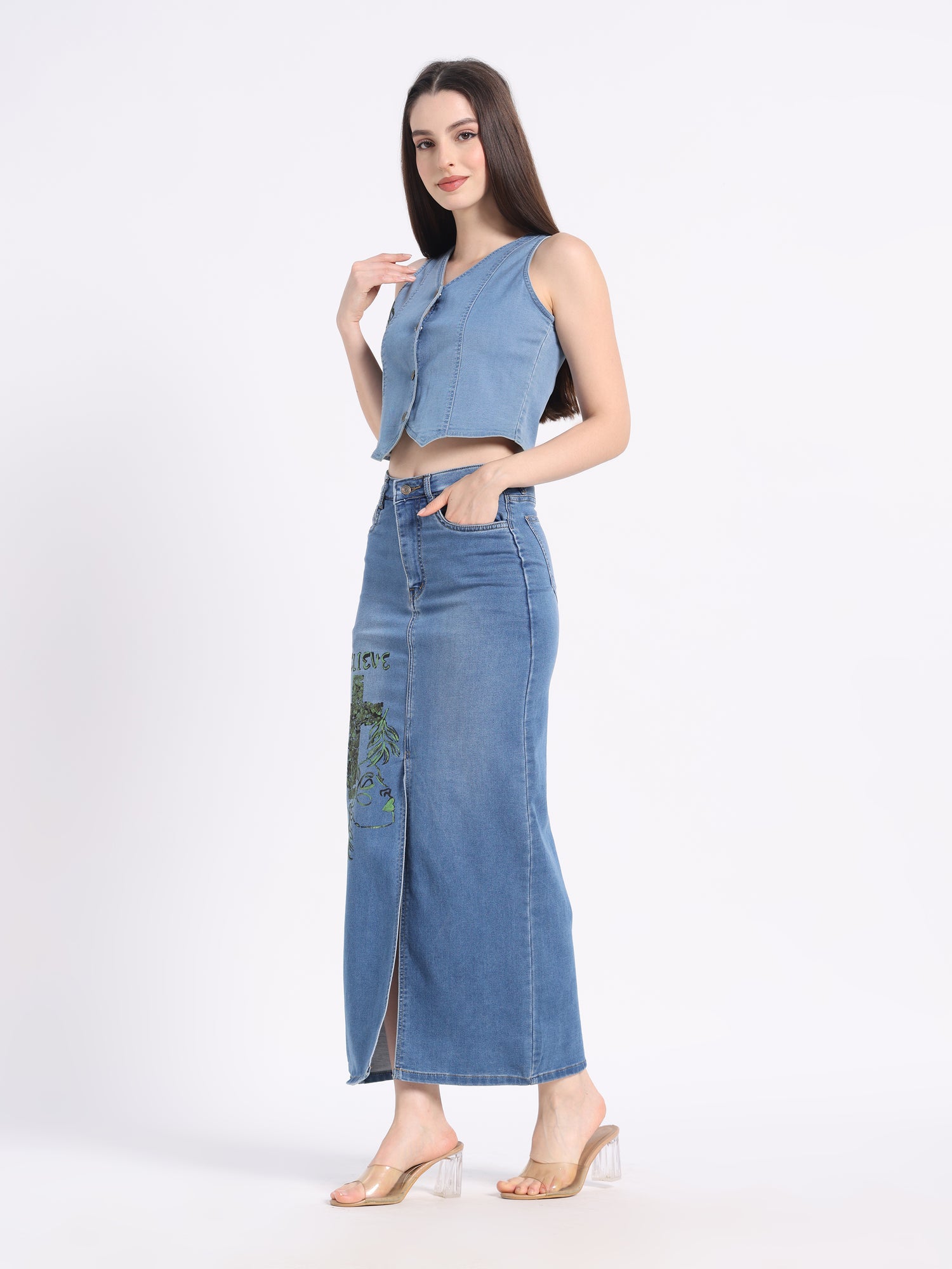 Stylish hand-painted denim co-ord set featuring a cropped top and long skirt with a front slit