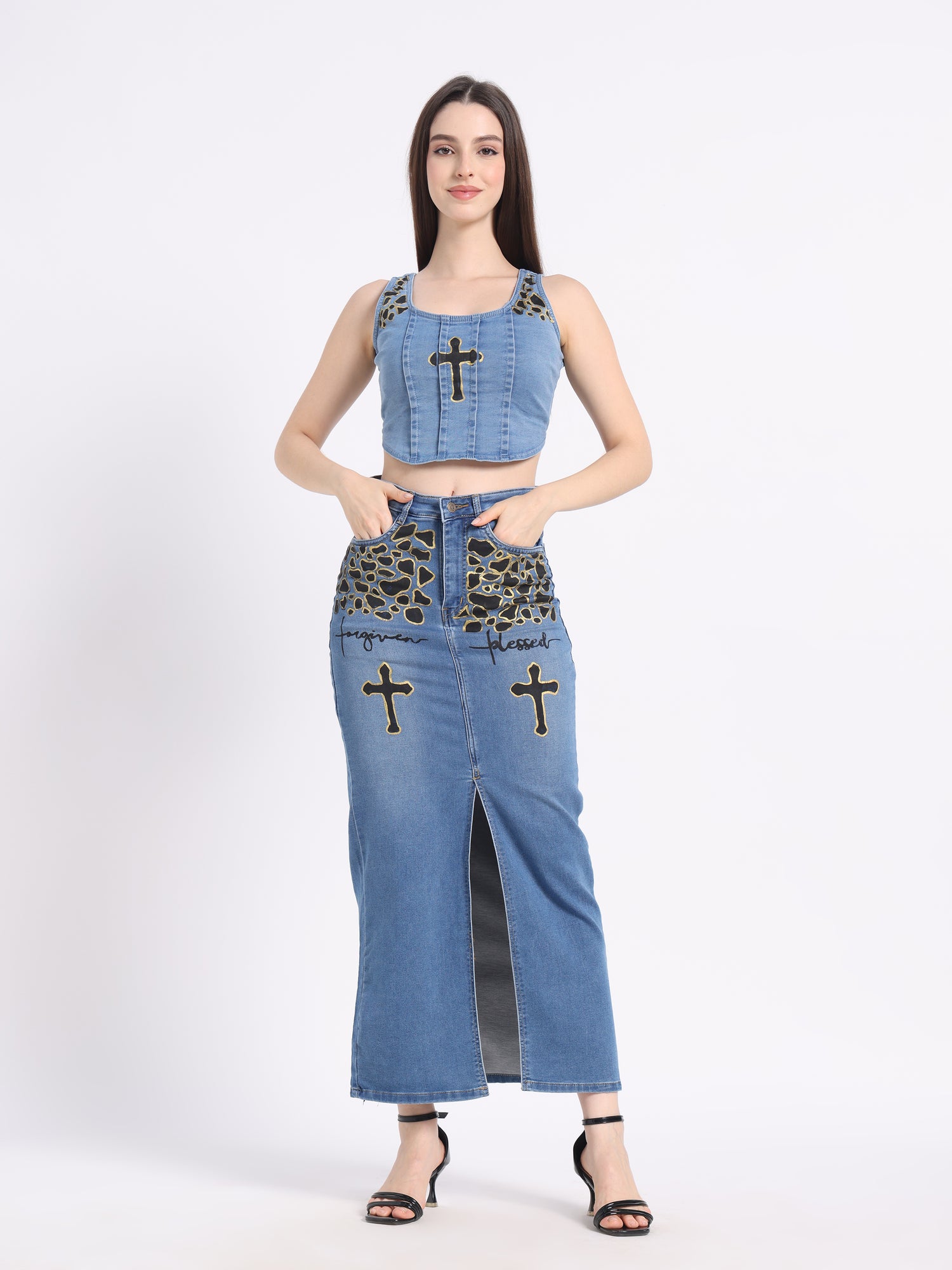 Gotamoda hand-painted denim co-ord set featuring crop top and long skirt with leopard print details