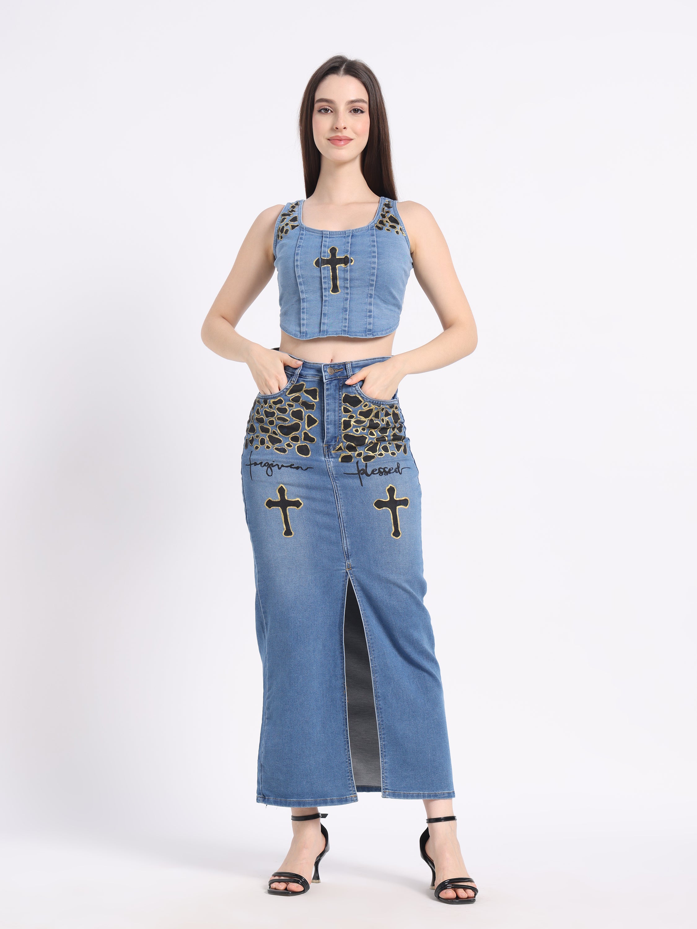 Gotamoda hand-painted denim co-ord set featuring crop top and long skirt with leopard print details