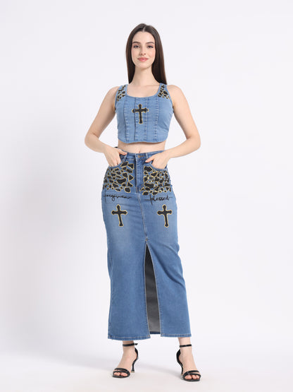Gotamoda hand-painted denim co-ord set featuring crop top and long skirt with leopard print details