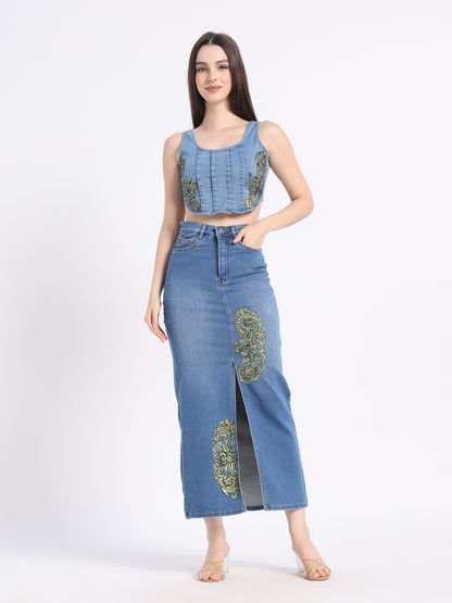 Stylish hand-painted denim co-ord set featuring a crop top and high-waisted skirt with artistic designs