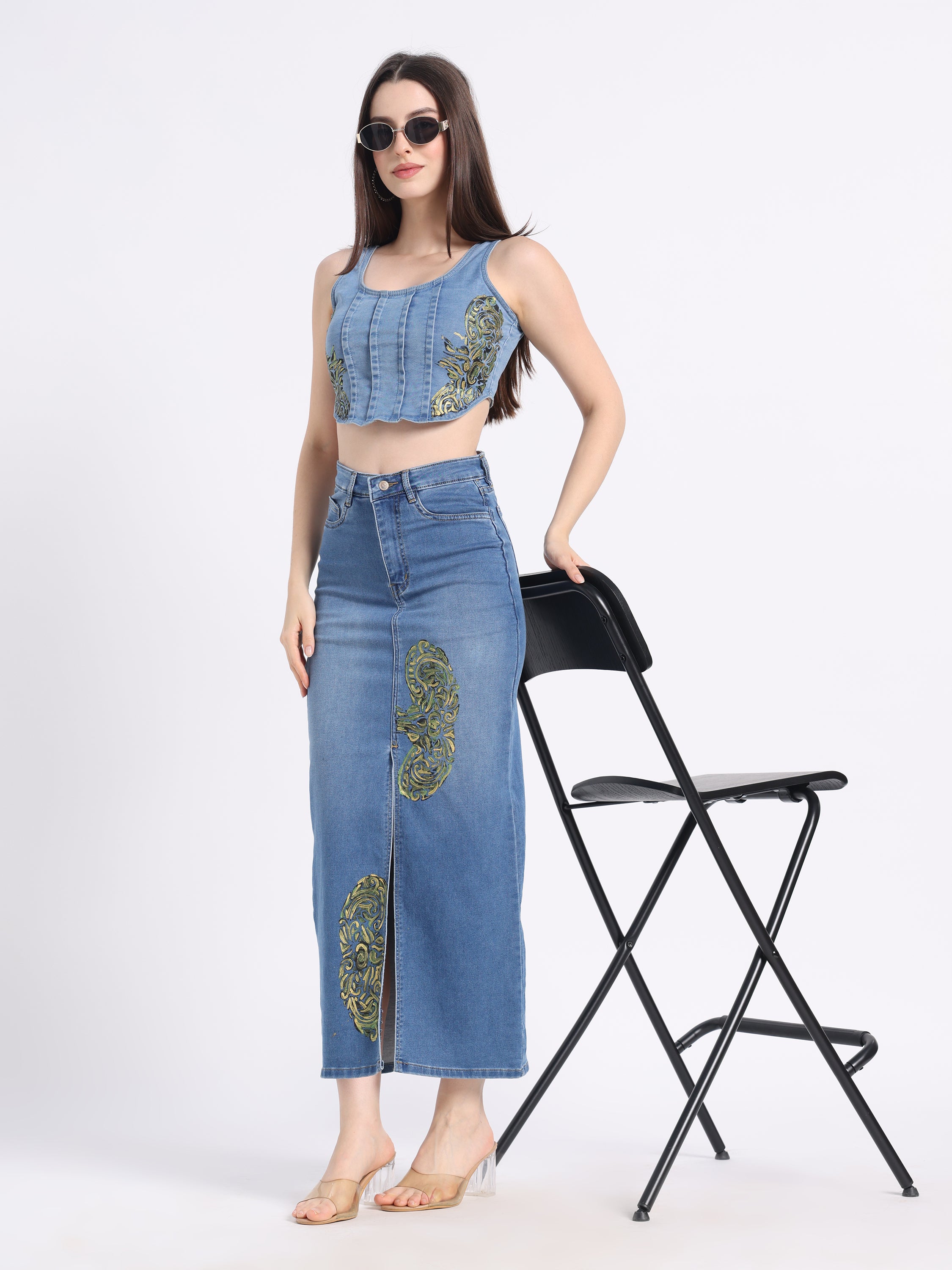 Gotamoda hand-painted denim co-ord set with a cropped top and long skirt featuring intricate designs