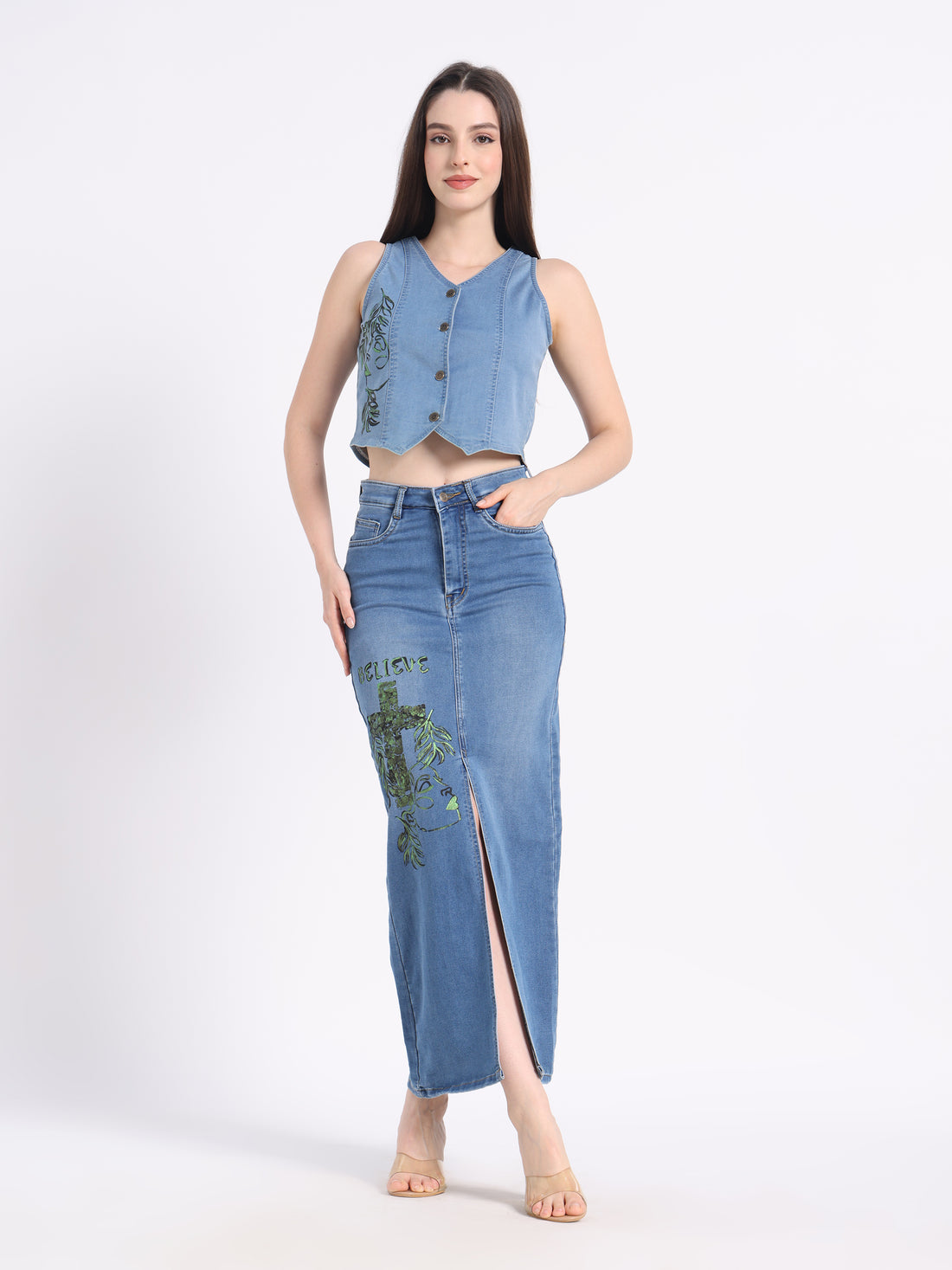 Stylish hand-painted denim co-ord set featuring a cropped top and a high-slit skirt