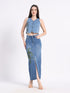 Stylish hand-painted denim co-ord set featuring a cropped top and a high-slit skirt