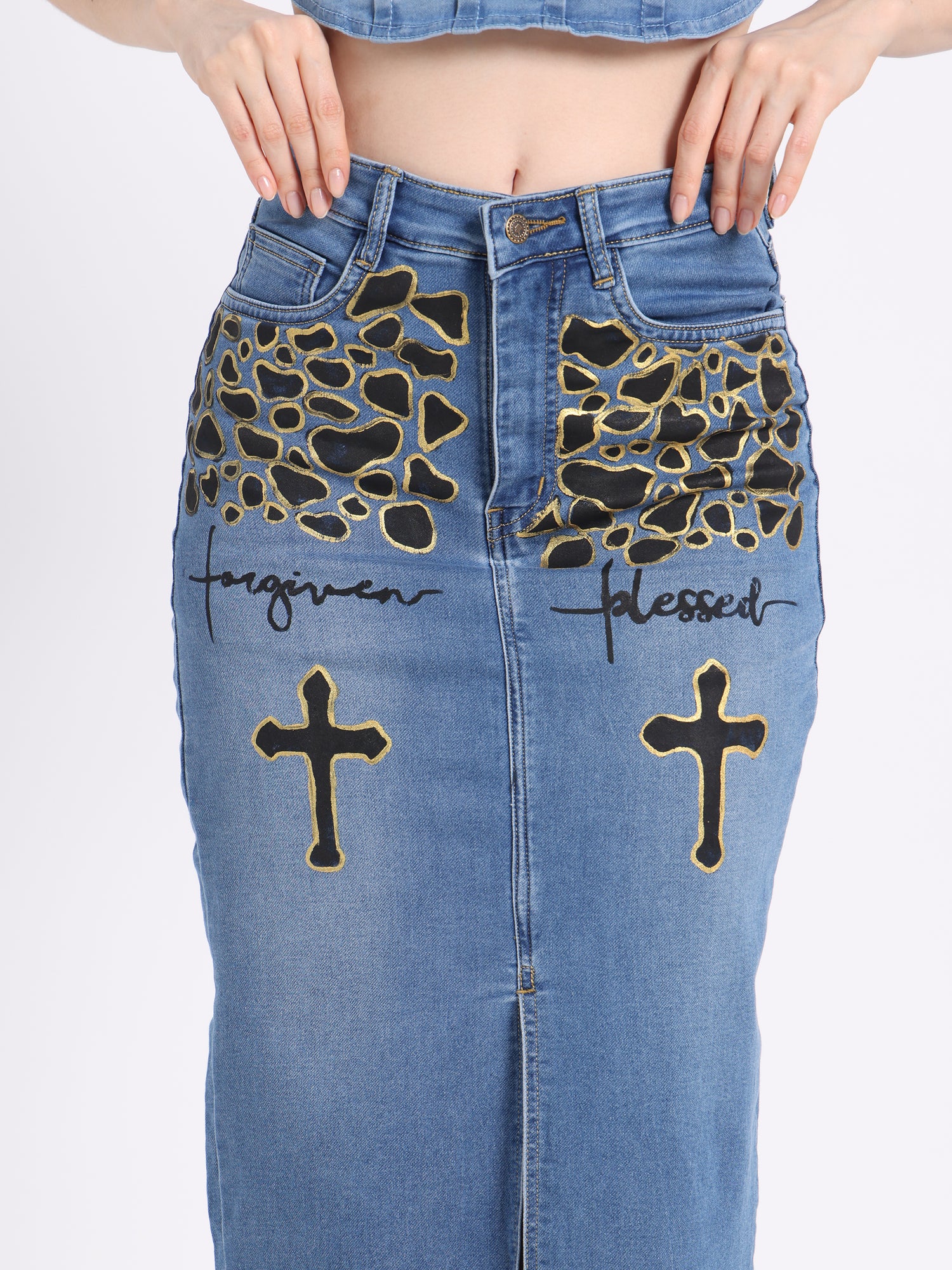 Gotamoda hand-painted denim co-ord set featuring an artistic design and unique cross embellishments