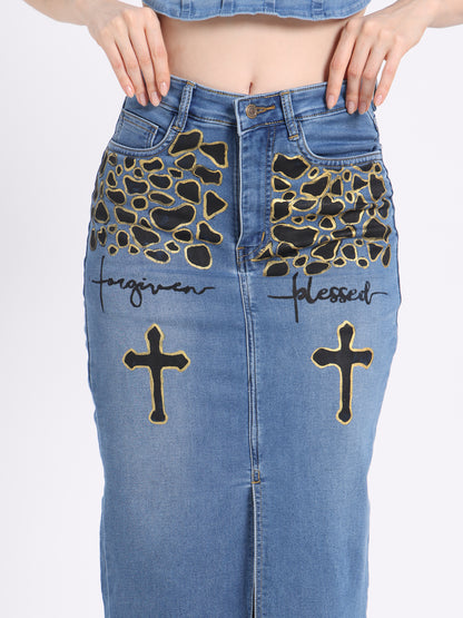 Gotamoda hand-painted denim co-ord set featuring an artistic design and unique cross embellishments