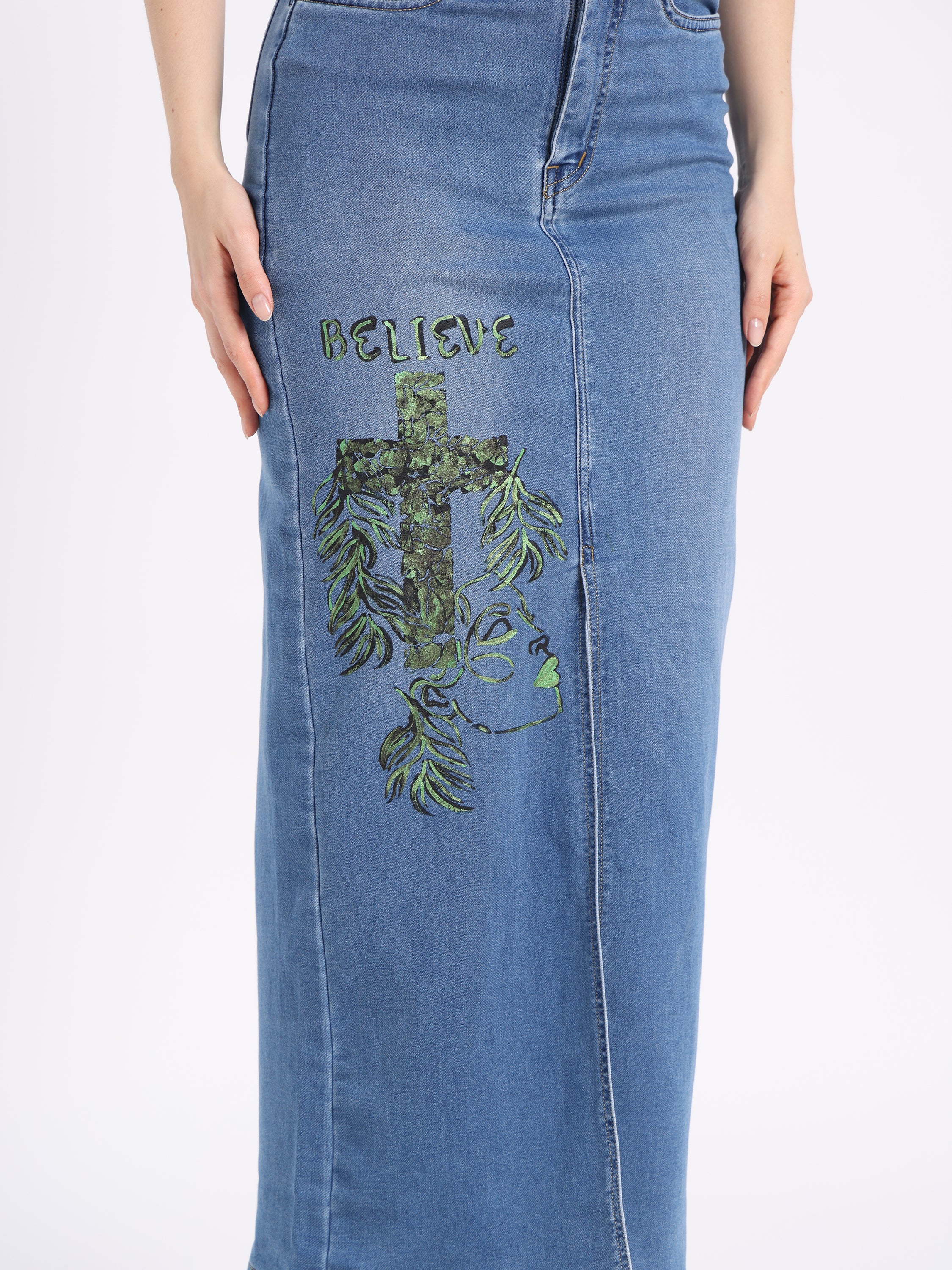 Hand-painted denim co-ord set featuring a skirt with a unique graphic design and inspirational text
