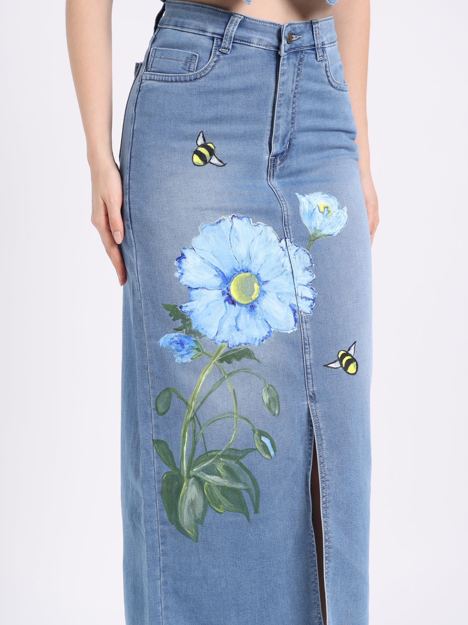 Gotamoda hand-painted denim co-ord set featuring a floral design with bees on a stylish skirt