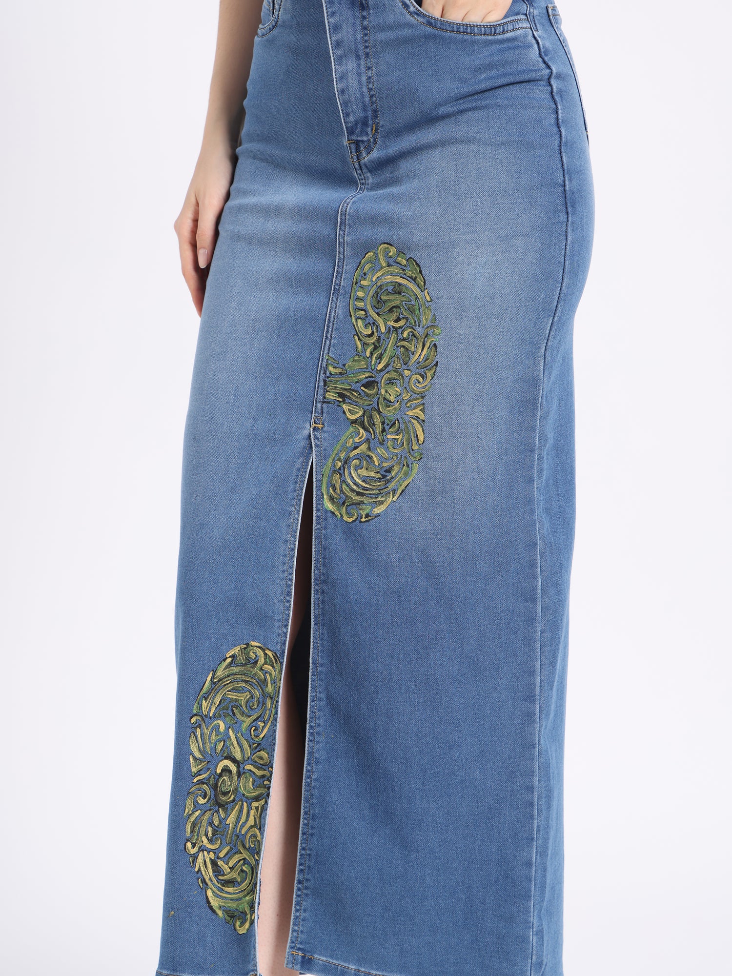 Stylish hand-painted denim co-ord set featuring a skirt with intricate embroidered designs