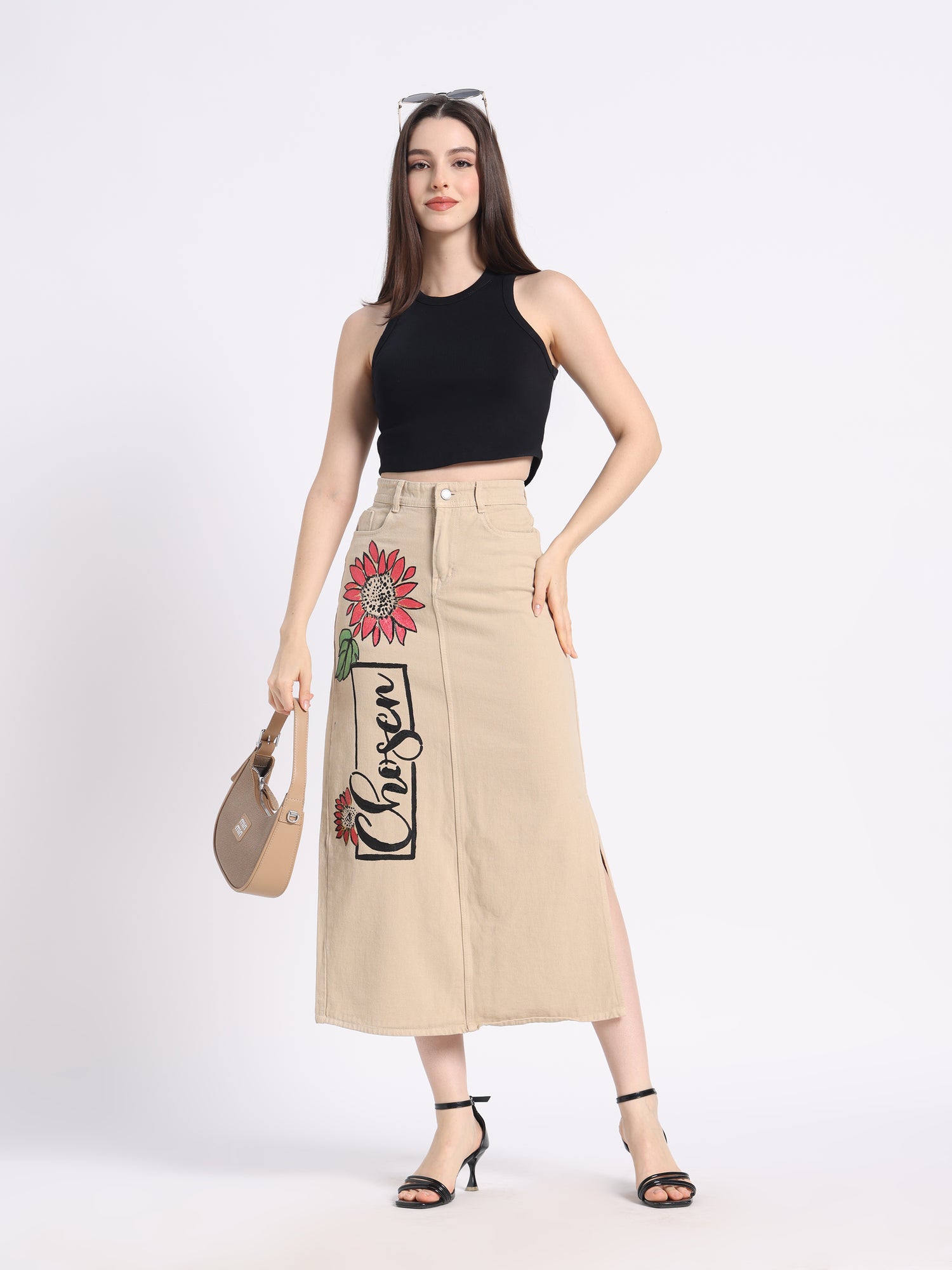 Gotamoda Hand-Painted Denim Skirt in Beige with Floral Design and Front Slit for Stylish Outfits