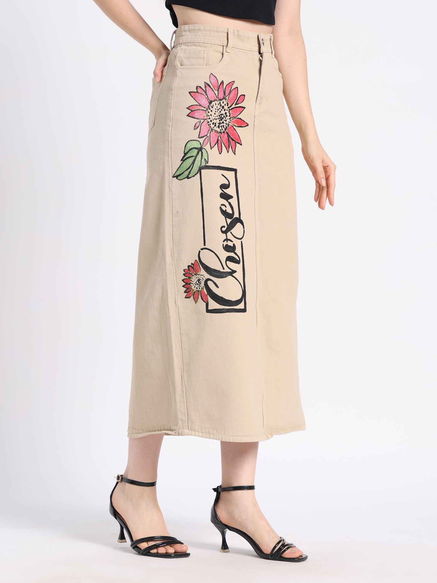 Gotamoda hand-painted denim skirt with floral designs and the word Chosen for a stylish look