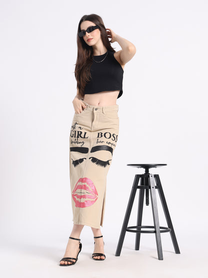 Fashionable hand-painted denim skirt featuring bold lips and eyelash designs for a trendy look
