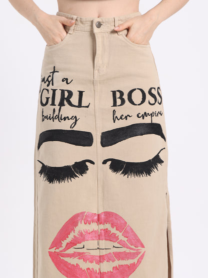 Gotamoda hand-painted denim skirt featuring bold lips and eye designs for a stylish look
