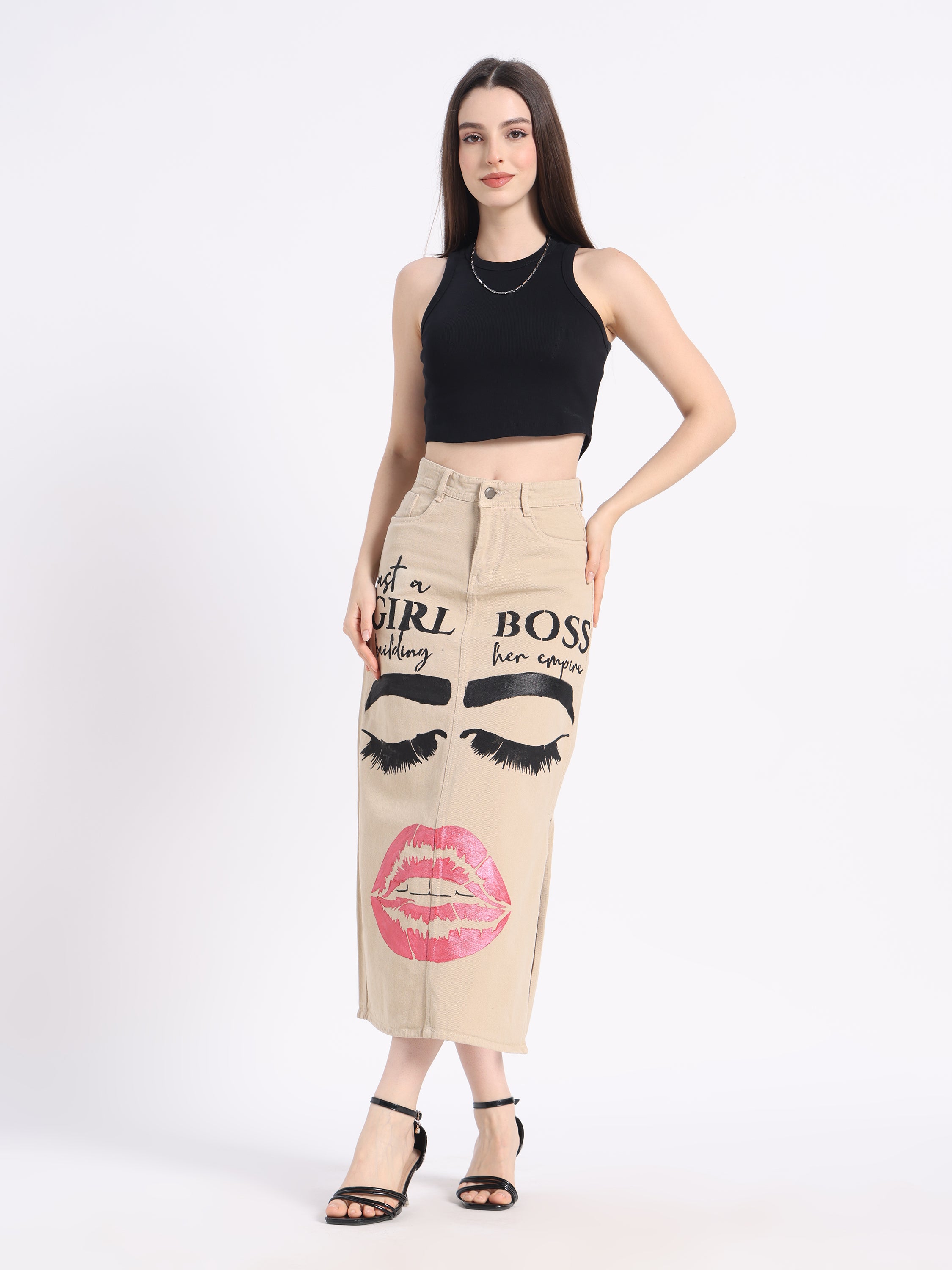 Gotamoda hand-painted denim skirt featuring trendy lips and eye graphic designs for a stylish look