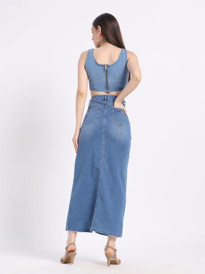 Back view of hand-painted floral denim co-ord set featuring a crop top and long skirt