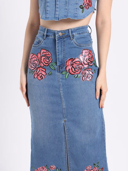 Hand-painted floral denim co-ord set featuring a cropped top and long skirt with vibrant rose designs
