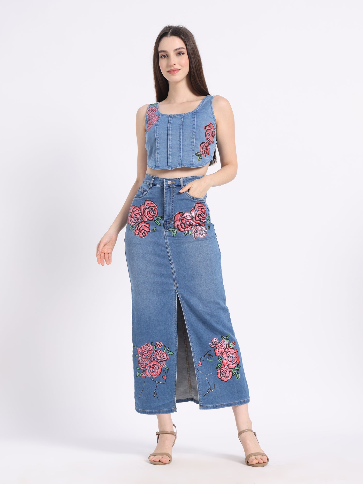 Hand-painted floral denim co-ord set featuring crop top and long skirt with rose designs