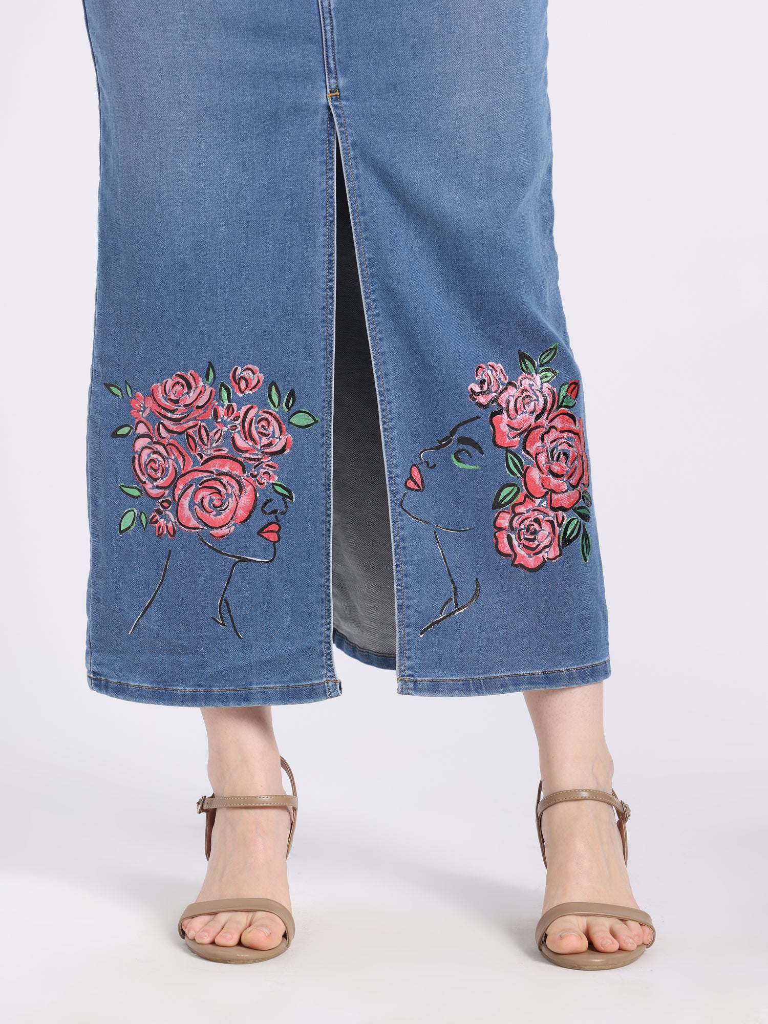 Gotamoda hand-painted floral denim co-ord set featuring floral designs and a front slit