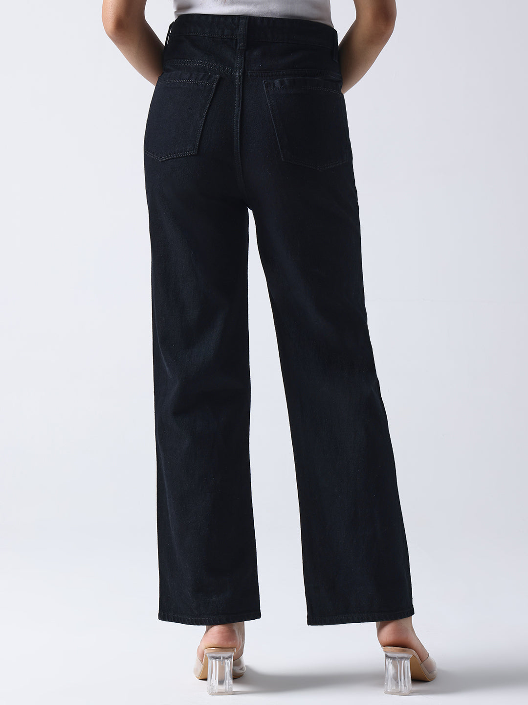 Gotamoda black hand painted jeans with a high waist and wide leg fit shown from the back