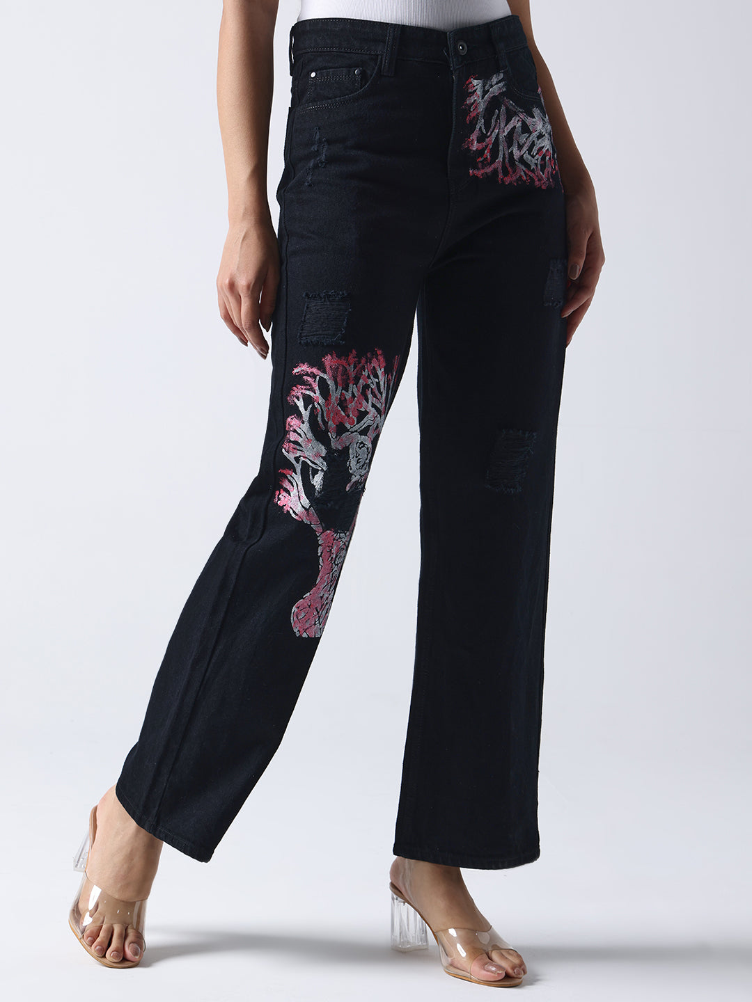 Gotamoda black hand painted jeans with colorful abstract designs and distressed details