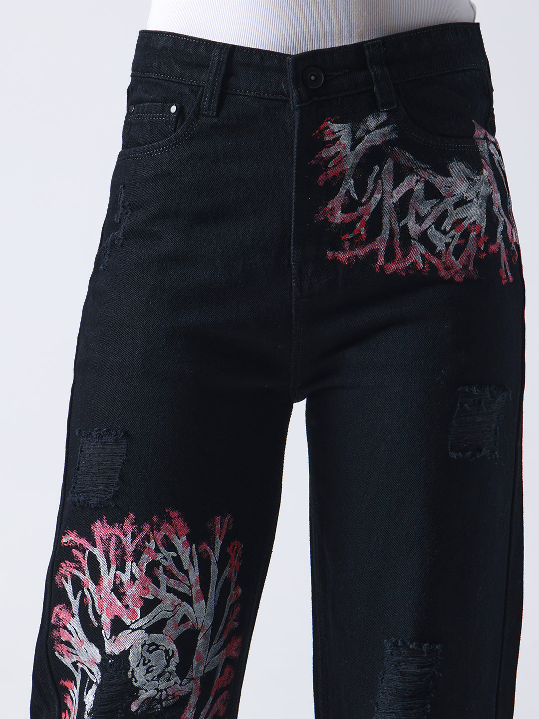 Gotamoda black hand painted jeans with artistic red and white abstract designs and distressed details