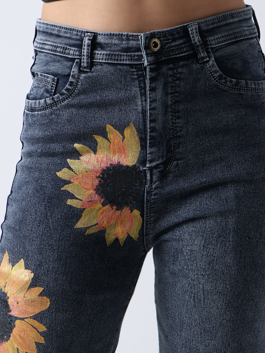 Gotamoda dark denim hand painted jeans with vibrant sunflower artwork on front