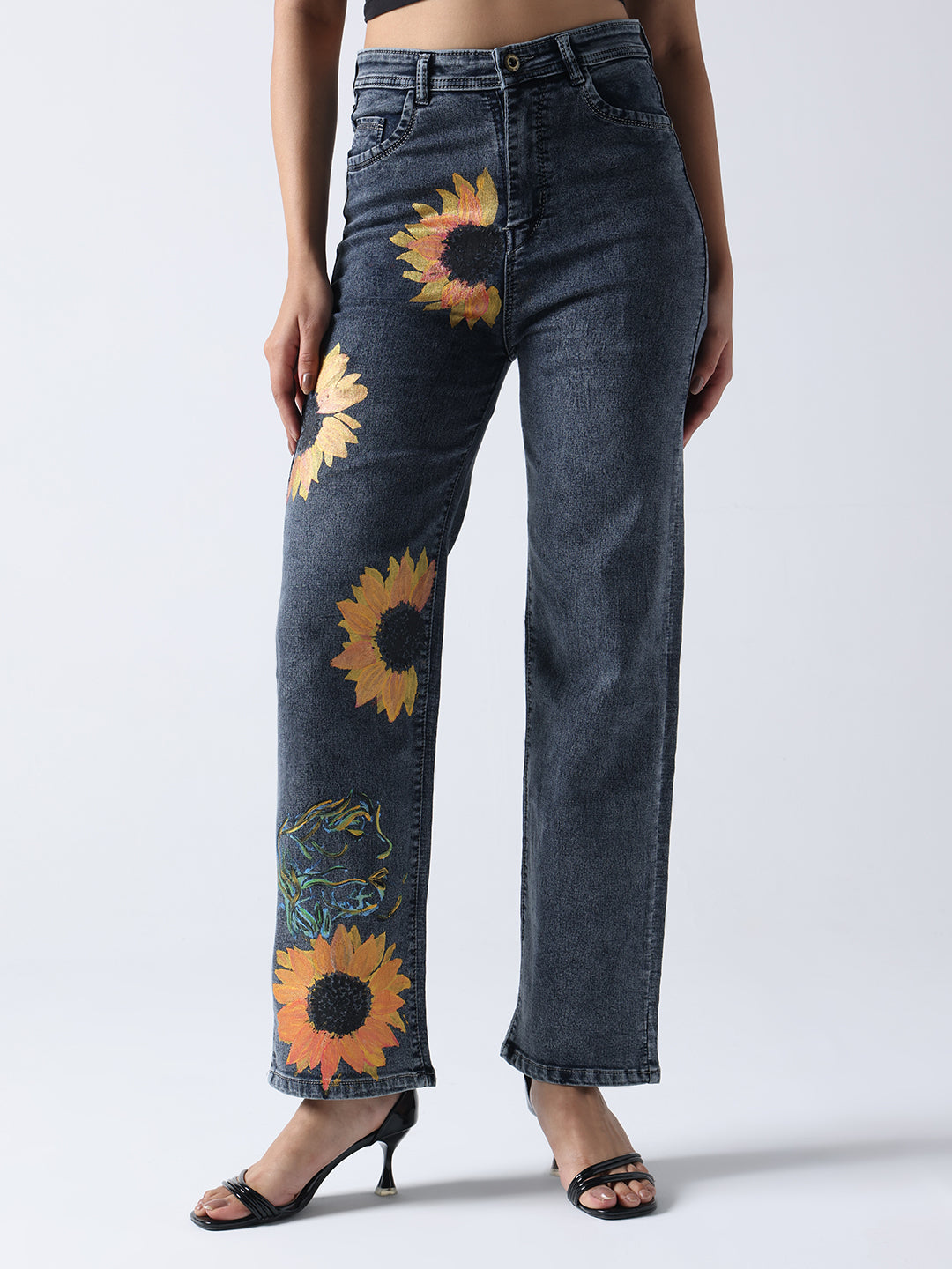 Gotamoda hand painted jeans with sunflower and tiger designs on dark denim straight leg pants