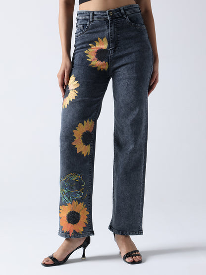 Gotamoda hand painted jeans with sunflower and tiger designs on dark denim straight leg pants