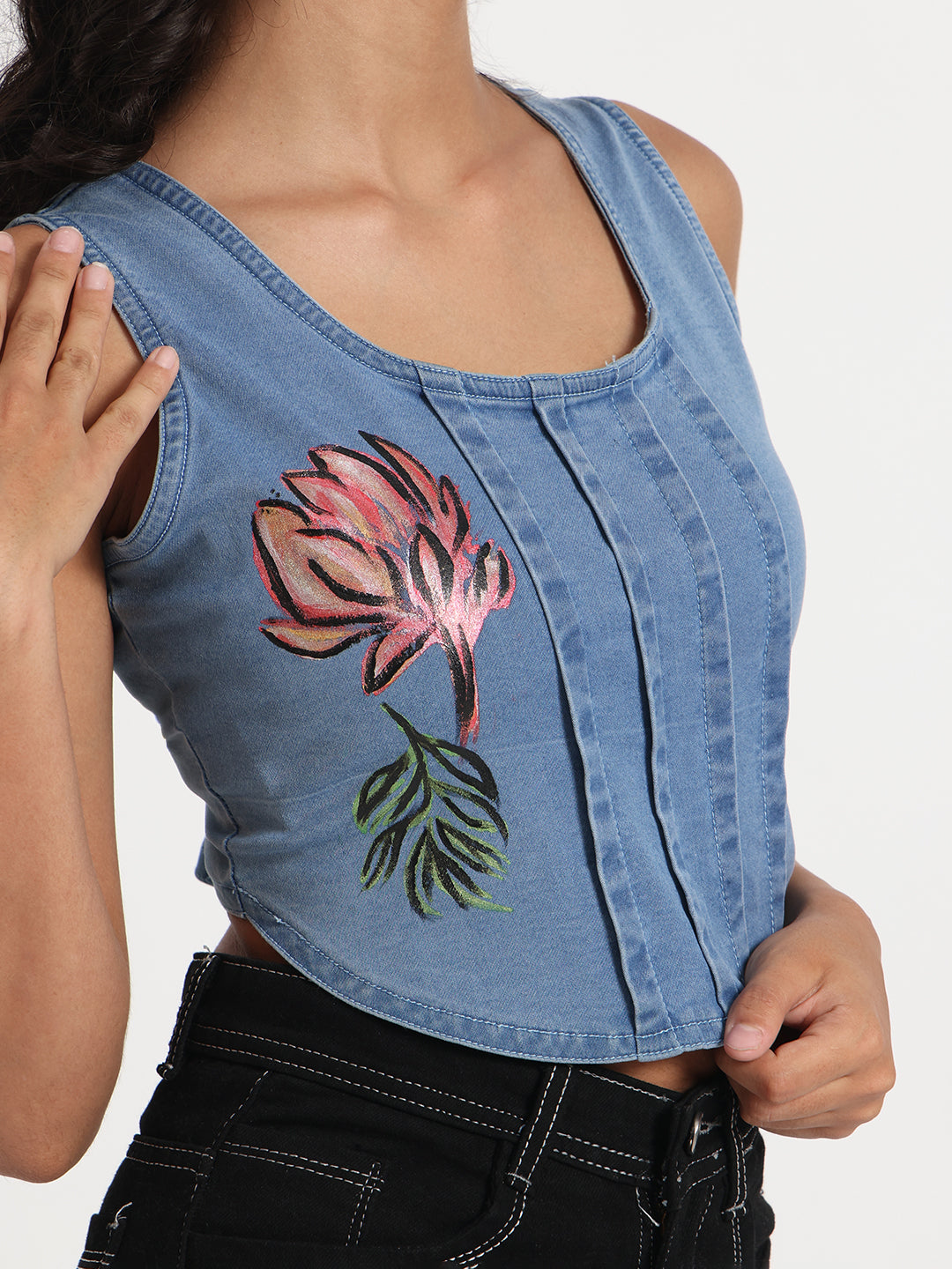 Gotamoda blue denim jeans crop top with floral embroidery and sleeveless design